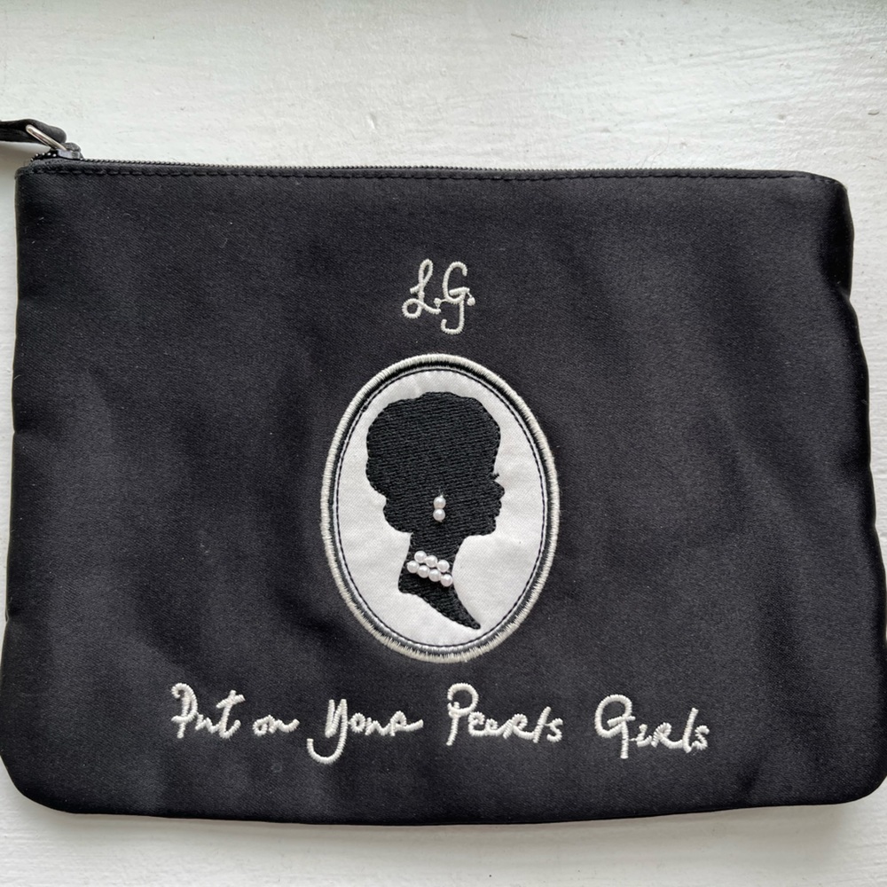Lulu Guinness Black Evening Bag/Makeup Pouch with Emb Cameo and Pearl Detail